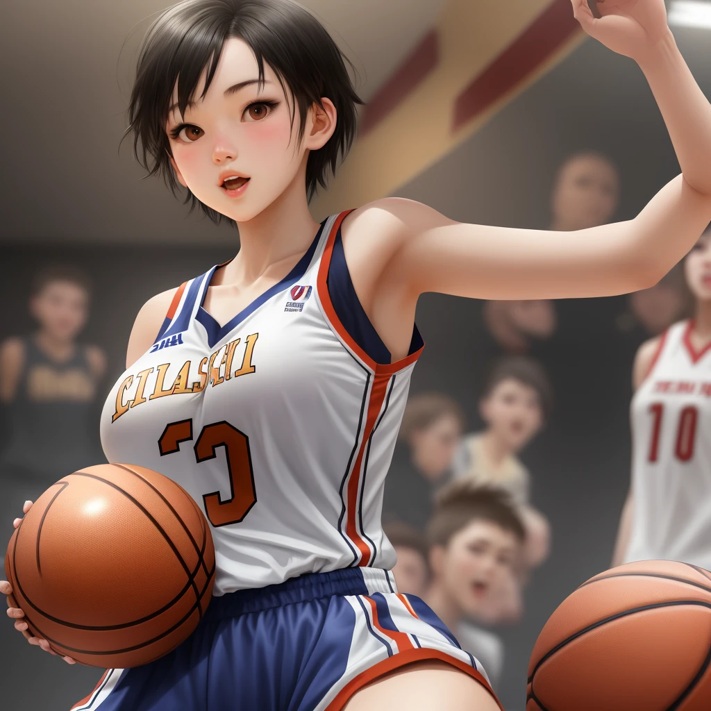 Please draw a basketball girl with boyish hairstyle and big breasts.