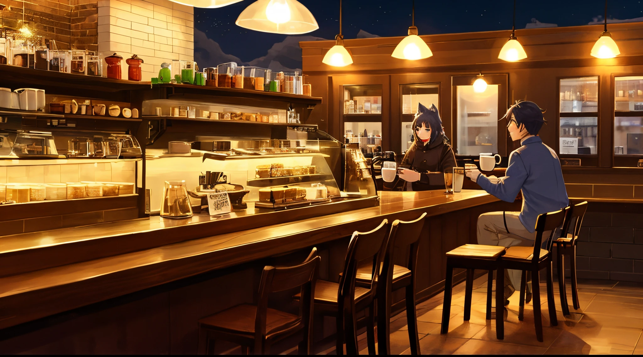 Wolf drink coffee at cafe on night