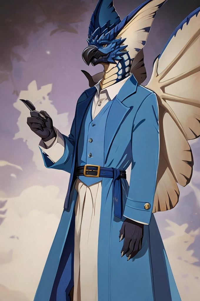 A Legiana as a German official posing for a portrait, white-blue uniform, white leather gloves, clawed fingers, 4 fingers, 1900s photograph, long coat, open coat, blue outlining, padded fingers, golden-blue belt,