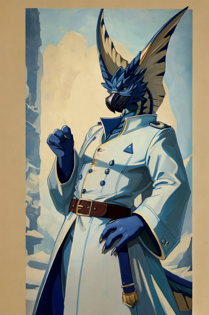 A Legiana as a German official posing for a portrait, white-blue uniform, white leather gloves, clawed fingers, 4 fingers, 1900s photograph, long coat, open coat, blue outlining, padded fingers, golden-blue belt,