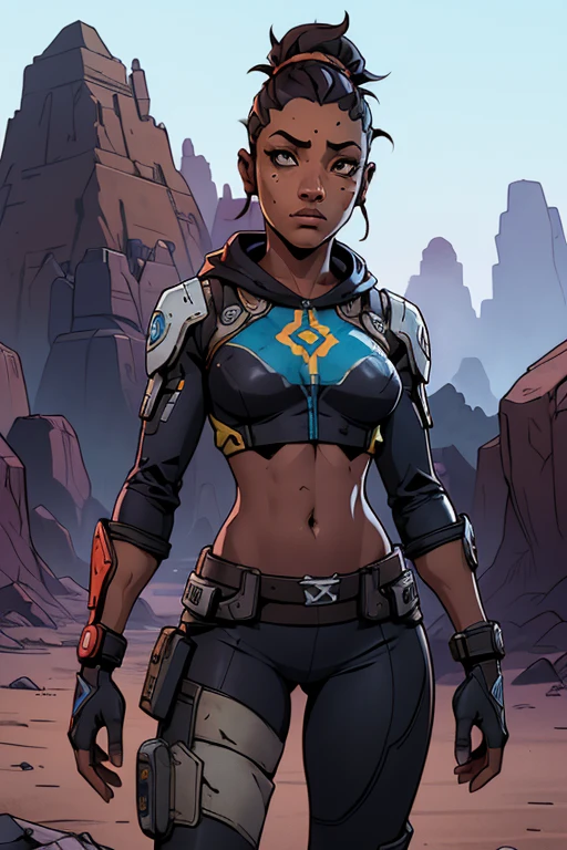 (((sem roupas, pele escura))), (((scientific fiction, pele escura, desenho de linha, aquarela))), with first person view high definition character art, personagem negra do jogo Borderlands, cabelo preto preso, First-person view, pronta para enfrentar seus inimigos, behind her a futuristic desert, personagem do jogo Borderlands. Esta imagem de alta qualidade, renderizada em 8K Ultra HD, mostra detalhes intrincados da cena. obra-prima aprimorada digitalmente ou pintada com requinte, scientific fiction, postura ativa, estilo de quadrinhos, post-apocalyptic fashion