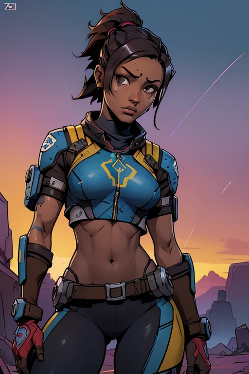 (((nsfw, SCI-FI, pele escura, desenho de linha, aquarela, seios muito grandes, seios enormes))), uma nsfw arte de personagem HD, personagem mulher negra do jogo Borderlands, cabelo preto preso em um longo rabo de cavalo e ondulado com reflexos azuis, verde olhos, em uma pose dinamica de combate, pronta para enfrentar seus inimigos, behind her a futuristic desert, personagem NAKED do jogo Borderlands. Esta imagem de alta qualidade, renderizada em 8K Ultra HD, mostra detalhes intrincados da cena. obra-prima aprimorada digitalmente ou pintada com requinte, scientific fiction, fronteiras, postura ativa, estilo de quadrinhos