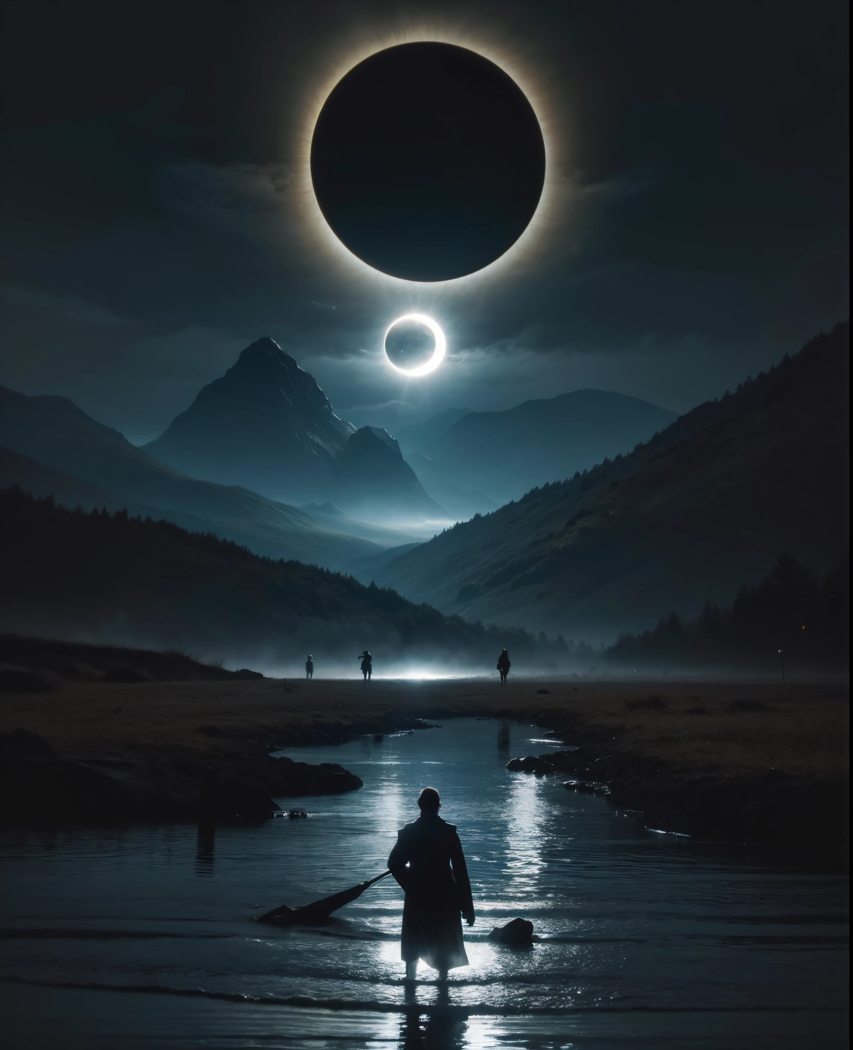 Imagen arafeada de un hombre parado en el agua con una mano gigante en el fondo., Arte oscuro surrealista, Sol negro, con soles negros en el cielo, dramatic artwork, Arte surrealista oscuro, eclipse, Eclipse eterno, Arte oscuro altamente detallado, enorme y gigantesco sol negro, album art, by Kristian Kreković, Sol oscuro, an ominous fantasy illustration