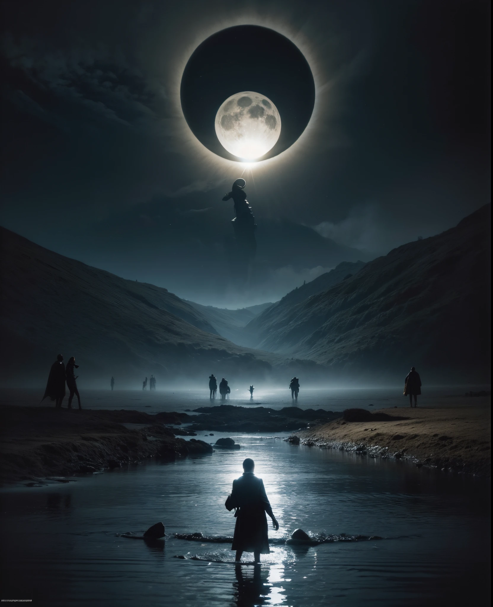 Imagen arafeada de un hombre parado en el agua con una mano gigante en el fondo., Arte oscuro surrealista, Sol negro, con soles negros en el cielo, dramatic artwork, Arte surrealista oscuro, eclipse, Eclipse eterno, Arte oscuro altamente detallado, enorme y gigantesco sol negro, album art, by Kristian Kreković, Sol oscuro, an ominous fantasy illustration