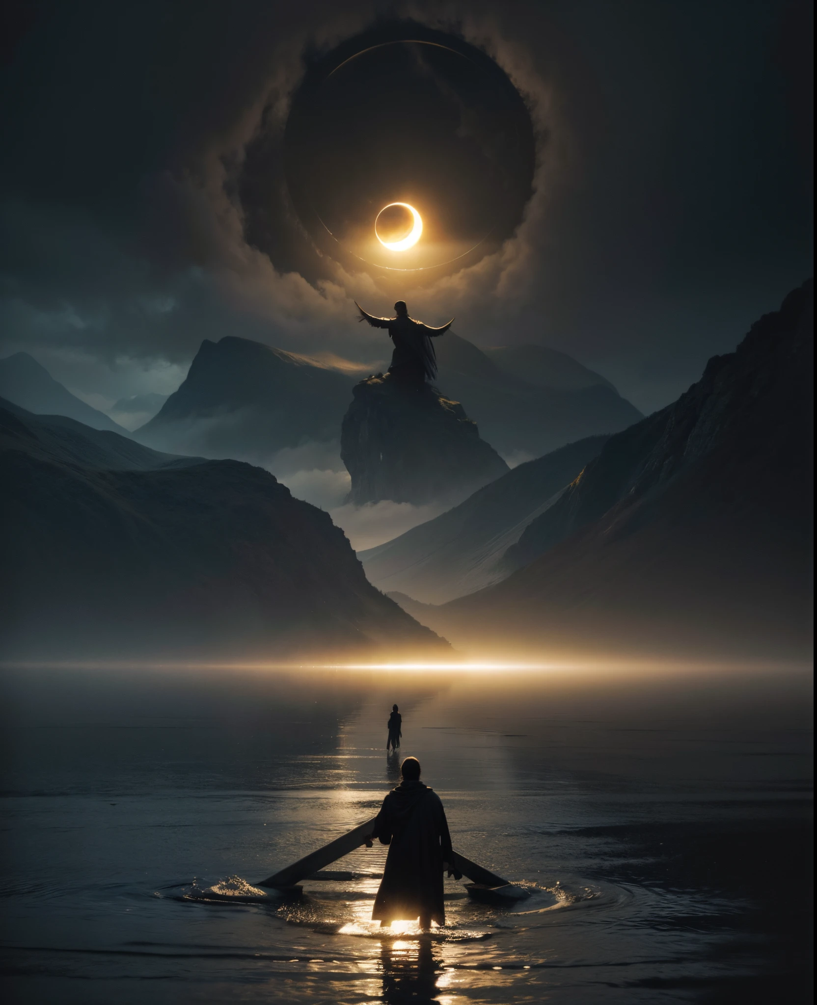 Imagen arafeada de un hombre parado en el agua con una mano gigante en el fondo., Arte oscuro surrealista, Sol negro, con soles negros en el cielo, dramatic artwork, Arte surrealista oscuro, eclipse, Eclipse eterno, Arte oscuro altamente detallado, enorme y gigantesco sol negro, album art, by Kristian Kreković, Sol oscuro, an ominous fantasy illustration