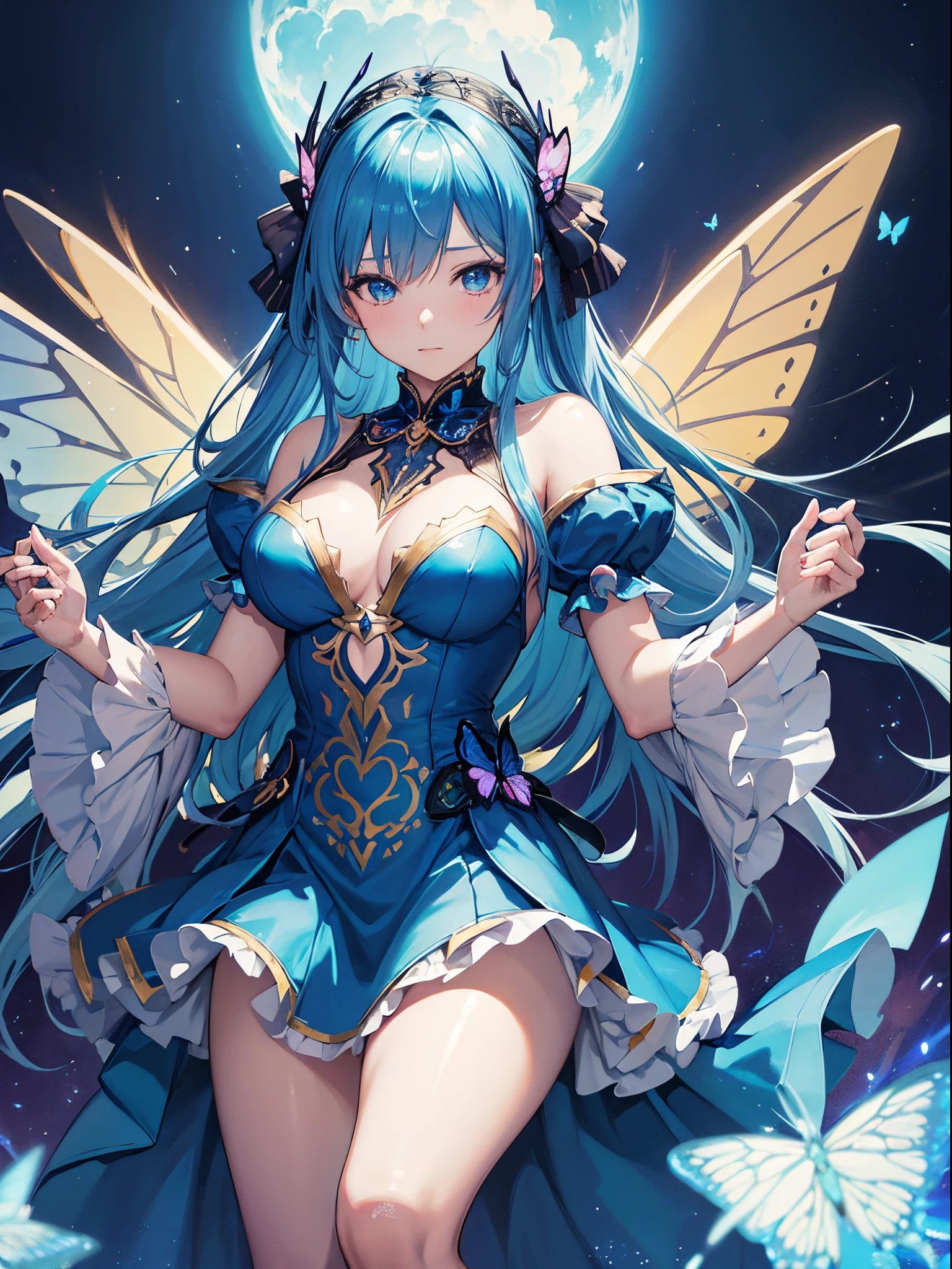 anime girl with butterfly wings and a blue dress, extremely detailed artgerm, 8k high quality detailed art, detailed anime artwork, trending on artstation pixiv, clean detailed anime art, cute anime waifu in a nice dress, pixiv 3dcg, from arknights, seductive anime girl, top rated on pixiv, high quality anime art, detailed anime art