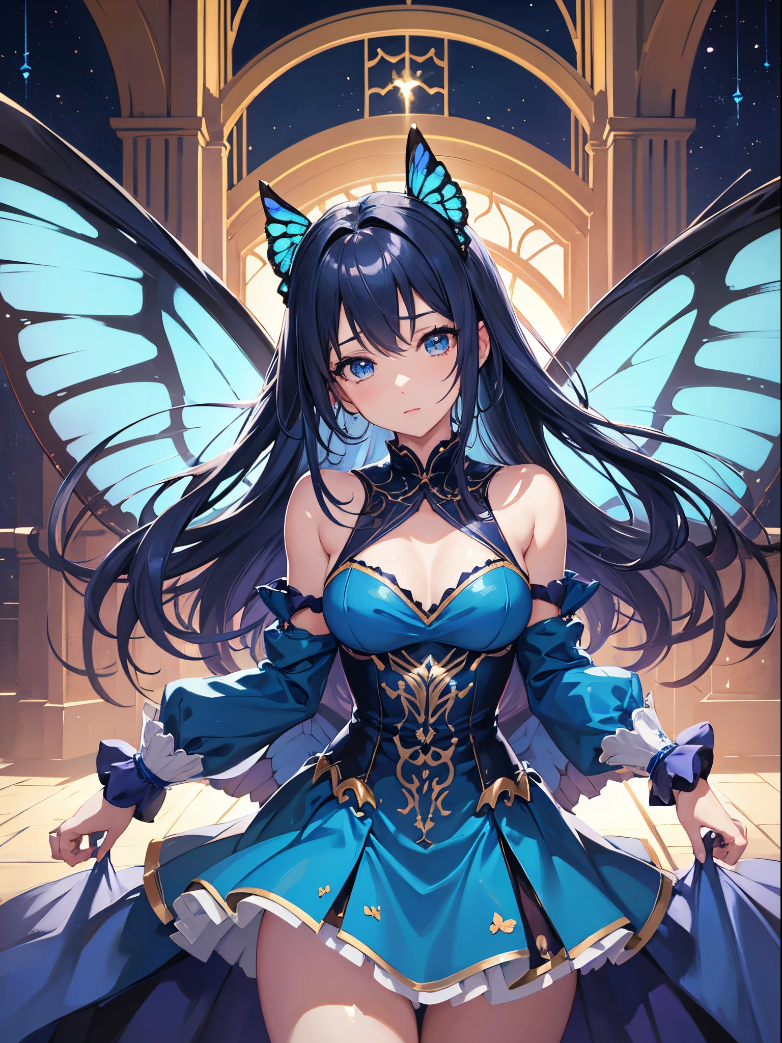 ((highest quality)),(ultra high resolution),(Super detailed),(detailed description),((best CG)),(best work of art),super precision art,amazing drawing art,(Art with precise details:1.5), (1 woman:1.8),smile, Spring brook,butterfly,birdie, Wakaba,Sparkling light
