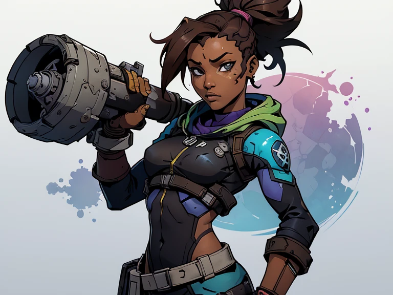 (((sem roupas, pele escura))), (((scientific fiction, pele escura, desenho de linha, aquarela))), with first person view high definition character art, personagem negra do jogo Borderlands, cabelo preto preso, First-person view, pronta para enfrentar seus inimigos, behind her a futuristic desert, personagem do jogo Borderlands. Esta imagem de alta qualidade, renderizada em 8K Ultra HD, mostra detalhes intrincados da cena. obra-prima aprimorada digitalmente ou pintada com requinte, scientific fiction, postura ativa, estilo de quadrinhos, post-apocalyptic fashion