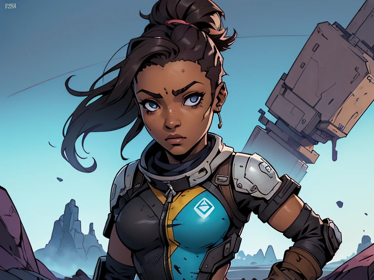 (((sem roupas, pele escura))), (((scientific fiction, pele escura, desenho de linha, aquarela))), with first person view high definition character art, personagem negra do jogo Borderlands, cabelo preto preso, First-person view, pronta para enfrentar seus inimigos, behind her a futuristic desert, personagem do jogo Borderlands. Esta imagem de alta qualidade, renderizada em 8K Ultra HD, mostra detalhes intrincados da cena. obra-prima aprimorada digitalmente ou pintada com requinte, scientific fiction, postura ativa, estilo de quadrinhos, post-apocalyptic fashion