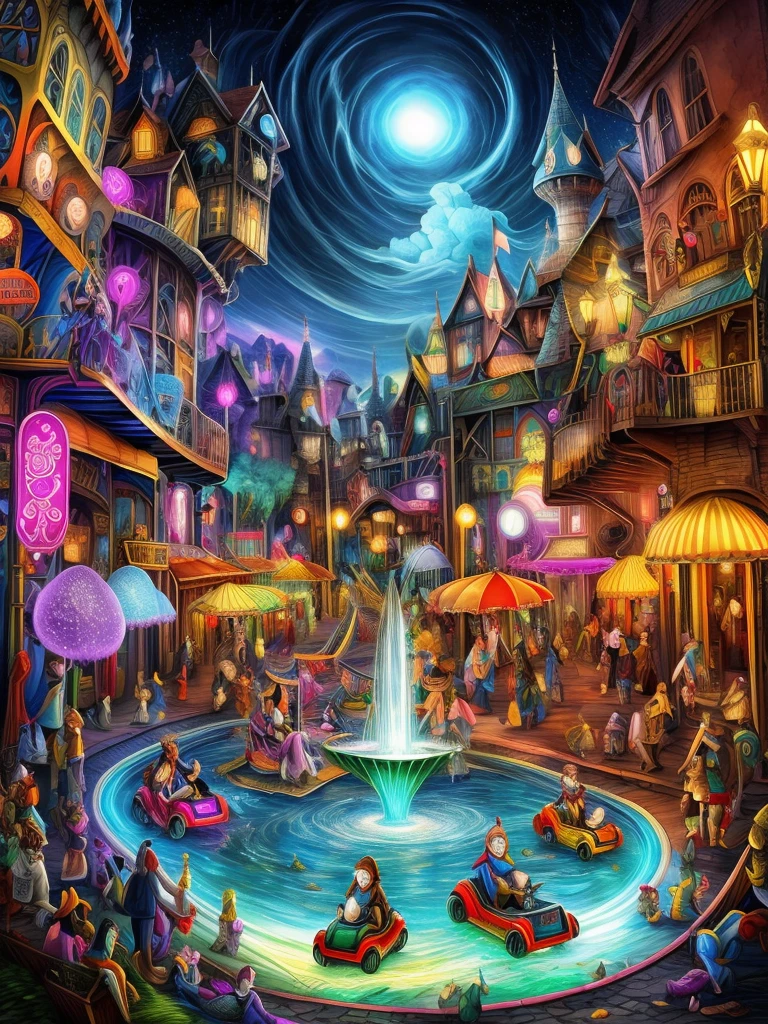 (Best quality, 8K, A high resolution, tmasterpiece:1.2), ultra - detailed, (actual, realistically:1.37), vibrant with colors, Magical atmosphere, Whimsical, ((disney pirate theme park, pirates of the caribbean,fountain and carousel, Lively Pirate Town Park, Beautiful fairy neon colors, Medieval Fantasy Town Theme Park, Magical neon colors and atmosphere, concept art magical highlight, magical concept art, Fantasy style, Magical fantasy,The content is very detailed, disney theme park, magical colors and atmosphere, An amusement park, roller coasters, pirate ships, bumper cars, he Ferris wheel, waterpark)), Surreal, Psychedelic, Complicated details, Beautiful texture, Ethereal, like a dream, Soft glowing light, Charming Patterns, Fantasy creatures, Hidden surprises, dreamlike landscapes, Surreal color palette, Mystic aura, ultra-realistic realism, Enchanting journey, psychedelic trip, vivid imagination, immersive experience, mysterious creature, otherworldly charm, glowing paths, Light up the Magic Theme Park, surreal sky, Whimsical theme park, a magical encounter,Fascinating artwork