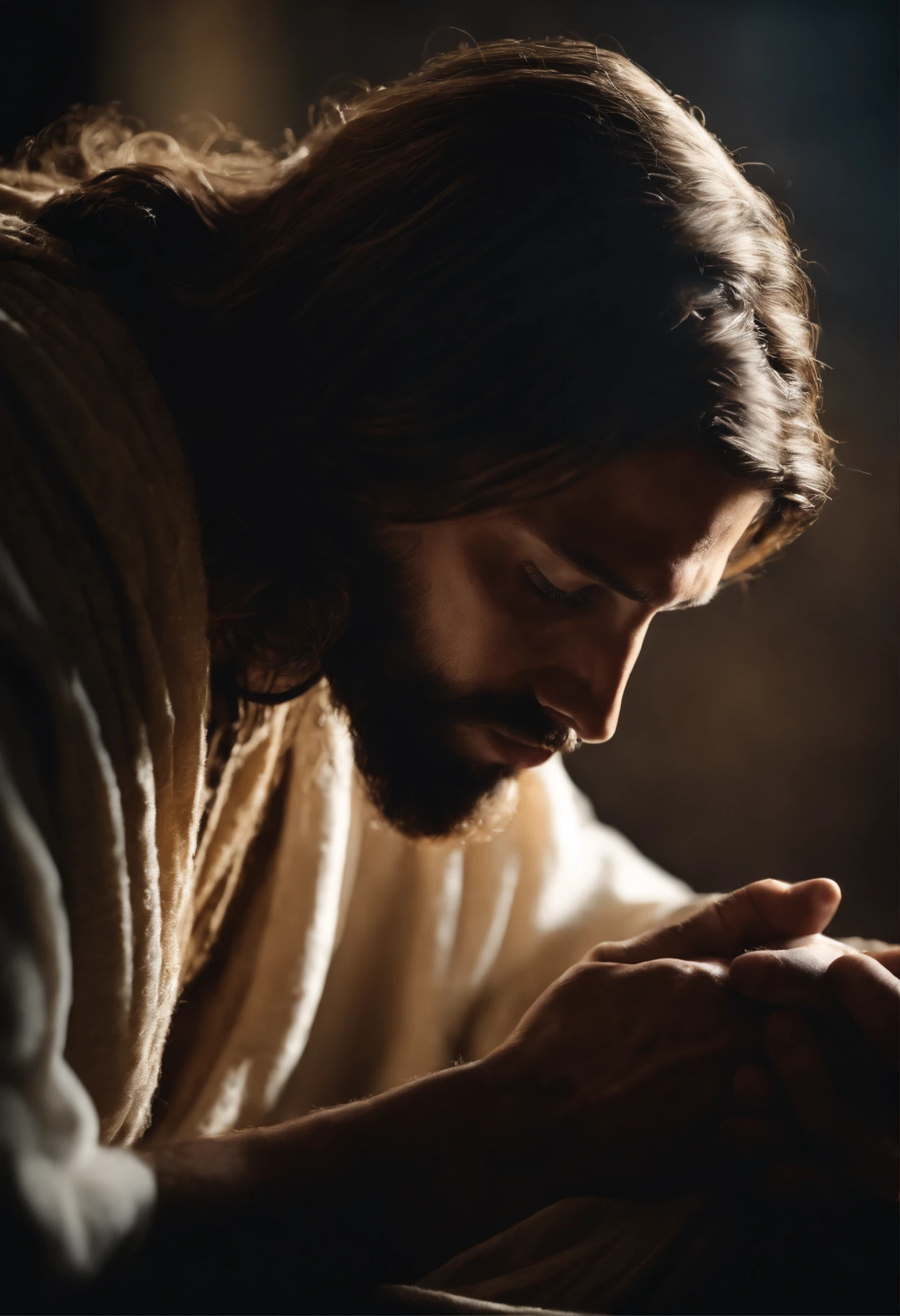 "Create an image of Jesus in profile, depicted in the act of prayer with hands clasped together."