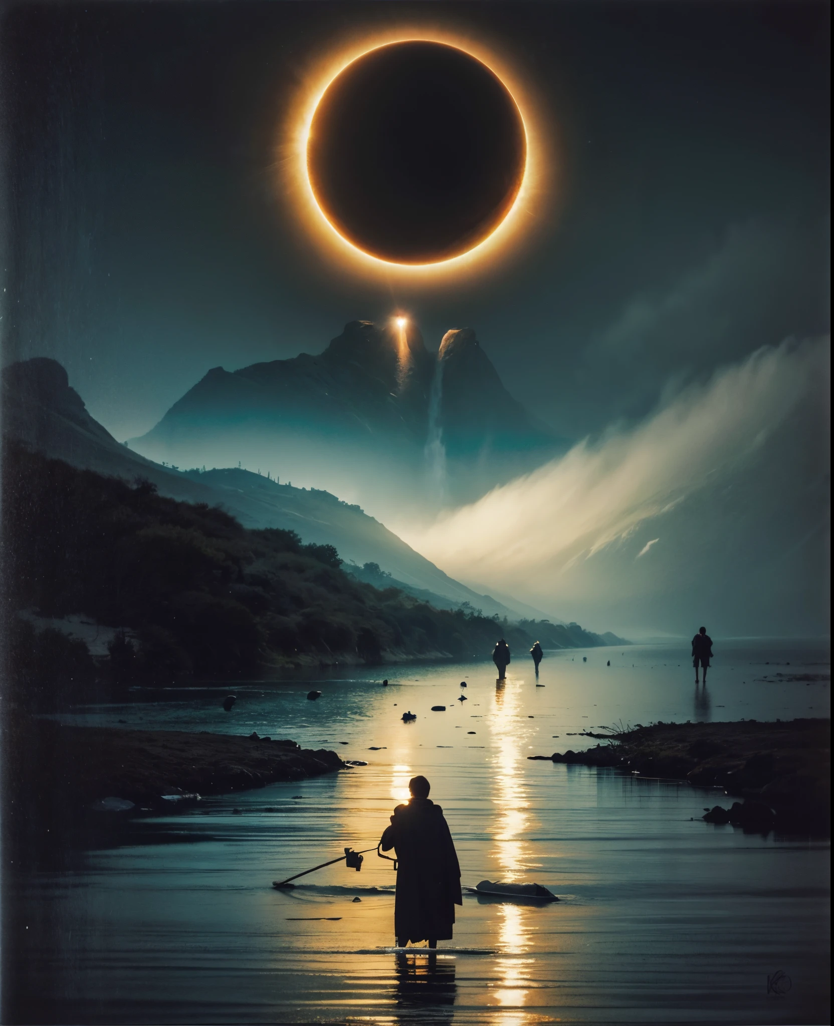 Imagen arafeada de un hombre parado en el agua con una mano gigante en el fondo., Arte oscuro surrealista, Sol negro, con soles negros en el cielo, dramatic artwork, Arte surrealista oscuro, eclipse, Eclipse eterno, Arte oscuro altamente detallado, enorme y gigantesco sol negro, album art, by Kristian Kreković, Sol oscuro, an ominous fantasy illustration