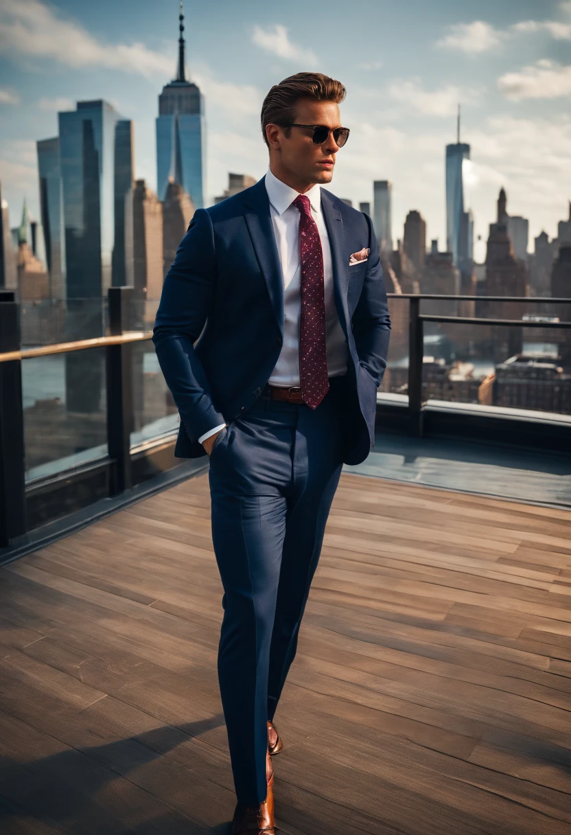 A photo of Finance Bro at a luxury penthouse rooftop pool with a view of the Manhattan skyline,original,30 years old, masculine, near comb over hair, wears a navy suit with a tie, walks around New York City , male