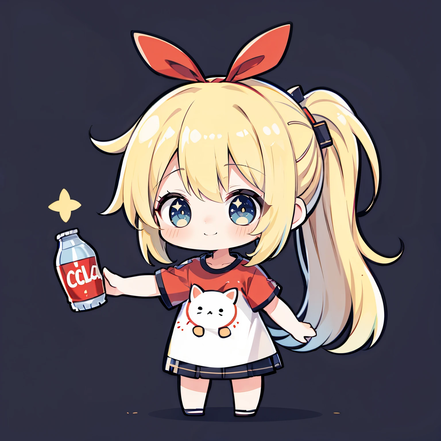 masterpiece, Top Quality, 1girll、cartoon bones、 chibi:1,chibi kiara,cowboy shots, I'm smiling, a blond, Long hair, Overfit red t-shirt, holding cola in hand, Colorless plain background