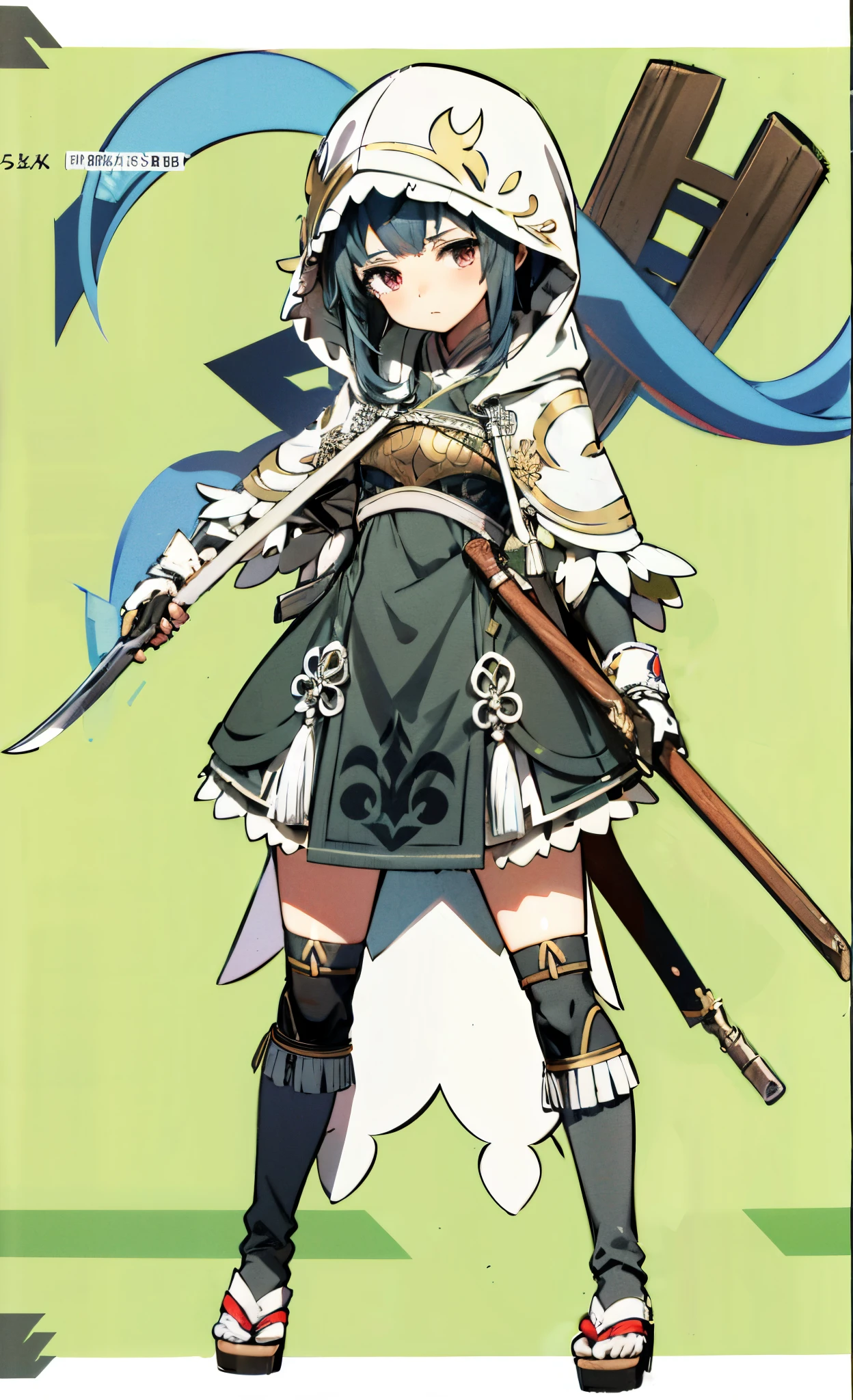 loli, japaense clothes, black hair, white hood, (hood:1.3) skirt armor, bare arms, short sleeeves, doll joints, puppet, sandals, many weapons, armor, short dress, gloves,cowboy shot, looking at viewer, grassfield, made off wood, doll, skirt armor, many weapons