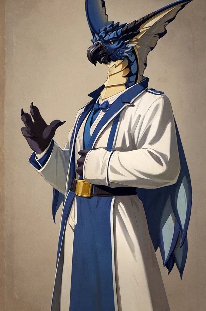 A Legiana as a German official posing for a portrait, white-blue uniform, white leather gloves, clawed fingers, 4 fingers, 1900s photograph, long coat, open coat, blue outlining, padded fingers, golden-blue belt,