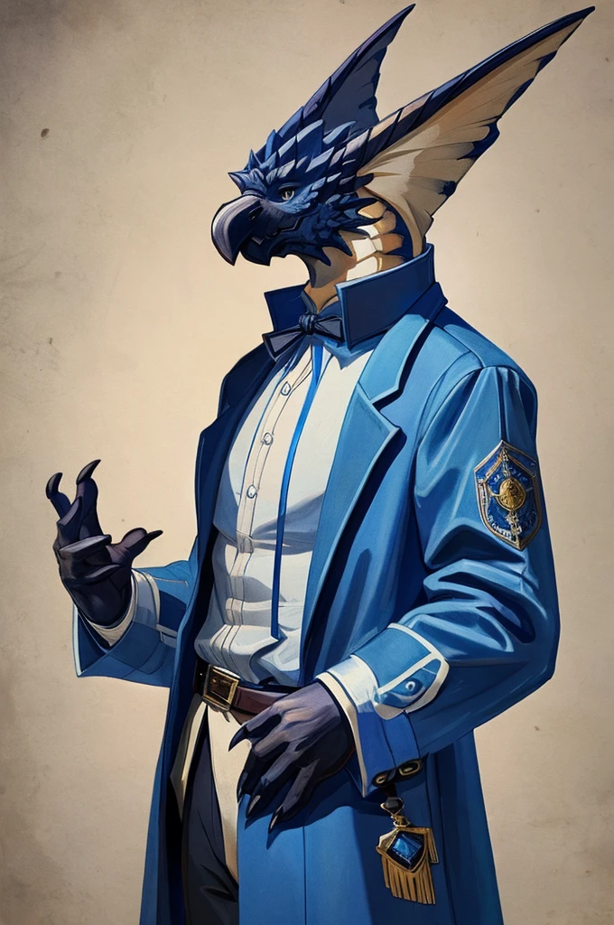 A Legiana as a German official posing for a portrait, white-blue uniform, white leather gloves, clawed fingers, 4 fingers, 1900s photograph, long coat, open coat, blue outlining, padded fingers, golden-blue belt,