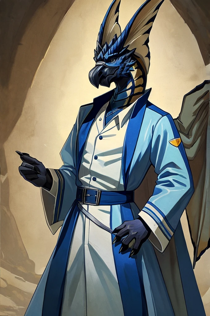 A Legiana as a German official posing for a portrait, white-blue uniform, white leather gloves, clawed fingers, 4 fingers, 1900s photograph, long coat, open coat, blue outlining, padded fingers, golden-blue belt,