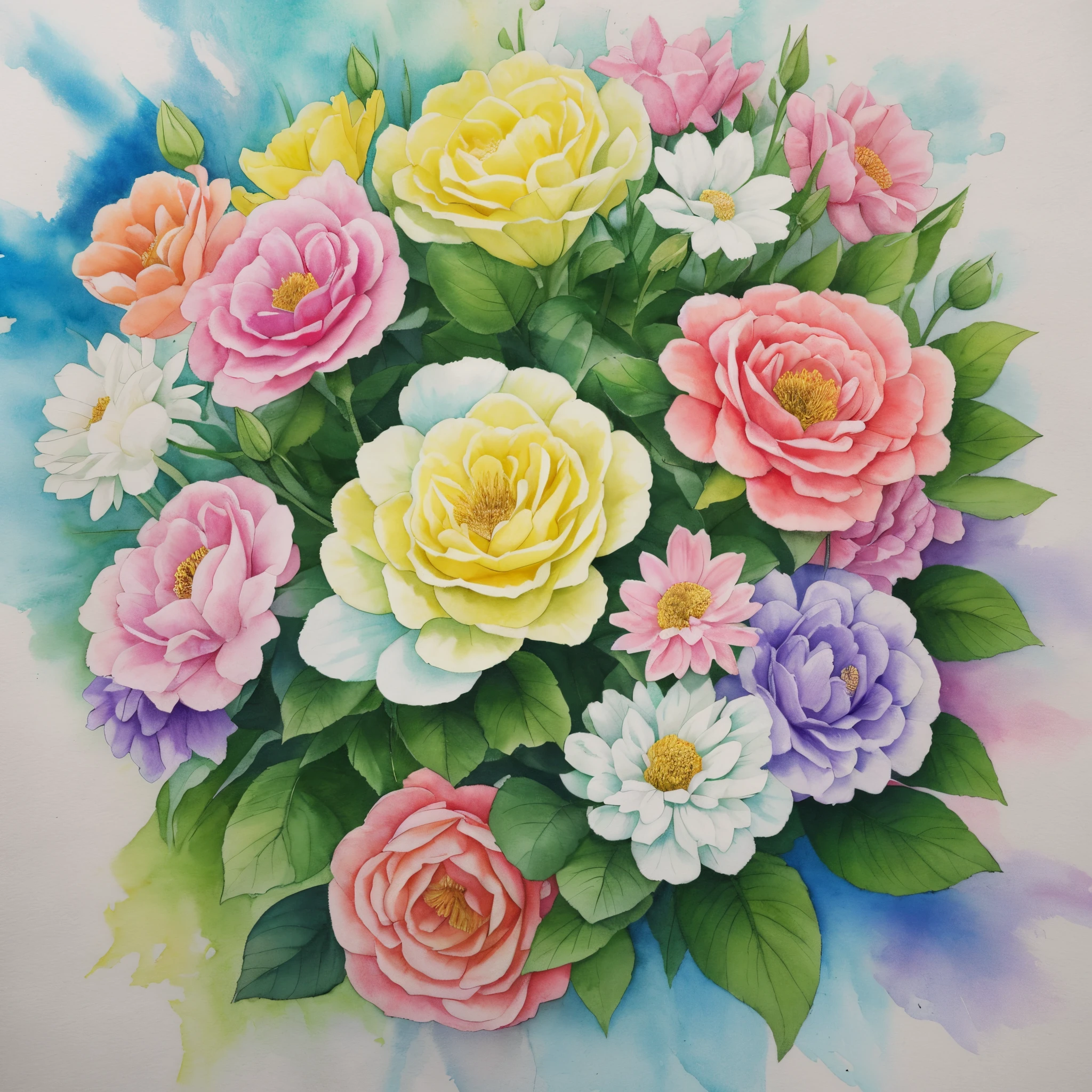 arranjo de flores coloridas isolado, no centro da imagem, aquarela, em fundo completamente branco, cores pastel, –AR 2:3 --auto --s2