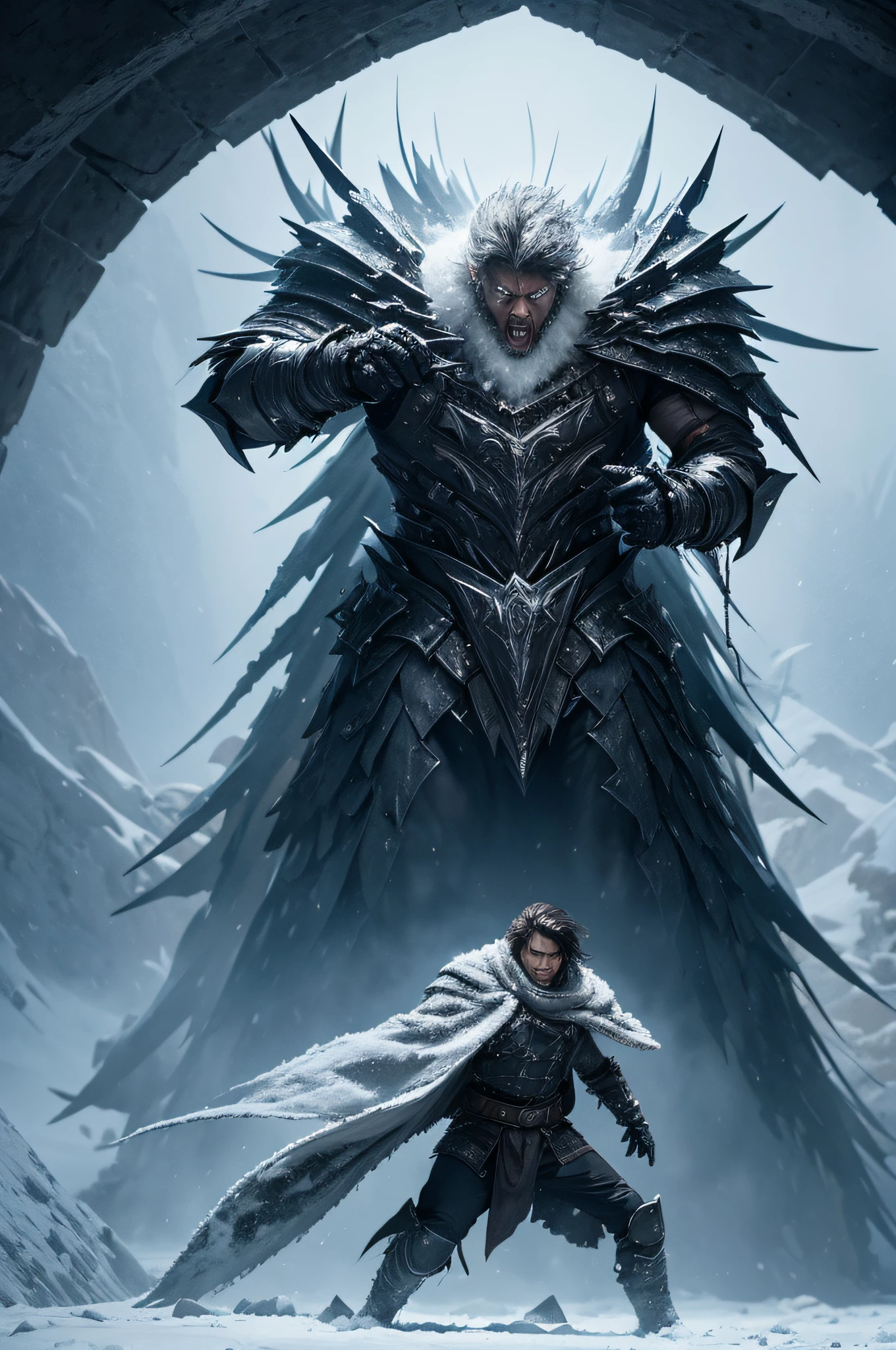 "Picture a furious spectacle as a man, consumed by an inner rage, strides through a desolate snow-covered landscape, encased in armor forged from the coldest ice. Delve into the intensity of his enraged presence, every step echoing with a chilling fury that clashes with the serene snow beneath. Explore the contrast between the seething internal tempest and the external icy facade, creating a visual narrative of a wrathful journey through the frozen expanse. Invite readers to feel the heat of the rage and the cold of the icy surroundings in this powerful and dynamic scene."