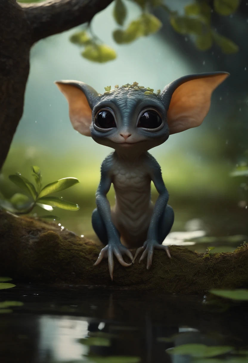 真实感, realism, Cute alien creatures that look like gremlins，Tiny creatures, big eyes, large ears, stands under the crown of an oak tree near the water, touches the water with his fingers,  Raindrops, crickets