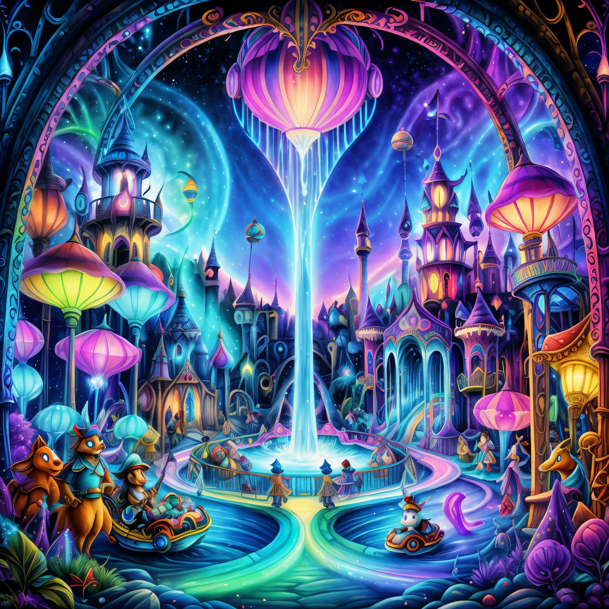 (Best quality at best, 8K, A high resolution, tmasterpiece:1.2), ultra - detailed, (actual, realistically:1.37), Vibrant colors, magical ambiance, Whimsical, ((disney pirate theme park, pirates of the caribbean，fountain and carousel, Lively Pirate Town Park, Beautiful fairy neon colors, Medieval Fantasy Town Theme Park, Magical neon colors and atmosphere, concept art magical highlight, magical concept art, Fantasy style, Magical fantasy，The content is very detailed, disney theme park, magical colors and atmosphere, An amusement park, roller coasters, pirate ships, bumper cars, Ferris wheel, waterpark)), Surreal, Psychedelic, Complicated details, Beautiful texture, Ethereal, like a dream, Soft glowing light, Charming Patterns, fantastical creature, Hidden surprises, dreamlike landscapes, Surreal color palette, Mystic aura, ultra-realistic realism, Enchanting journey, psychedelic trip, vivid imagination, immersive experience, mysterious creature, otherworldly charm, glowing paths, Light up the Magic Theme Park, surreal sky, Whimsical theme park, a magical encounter,Fascinating artwork