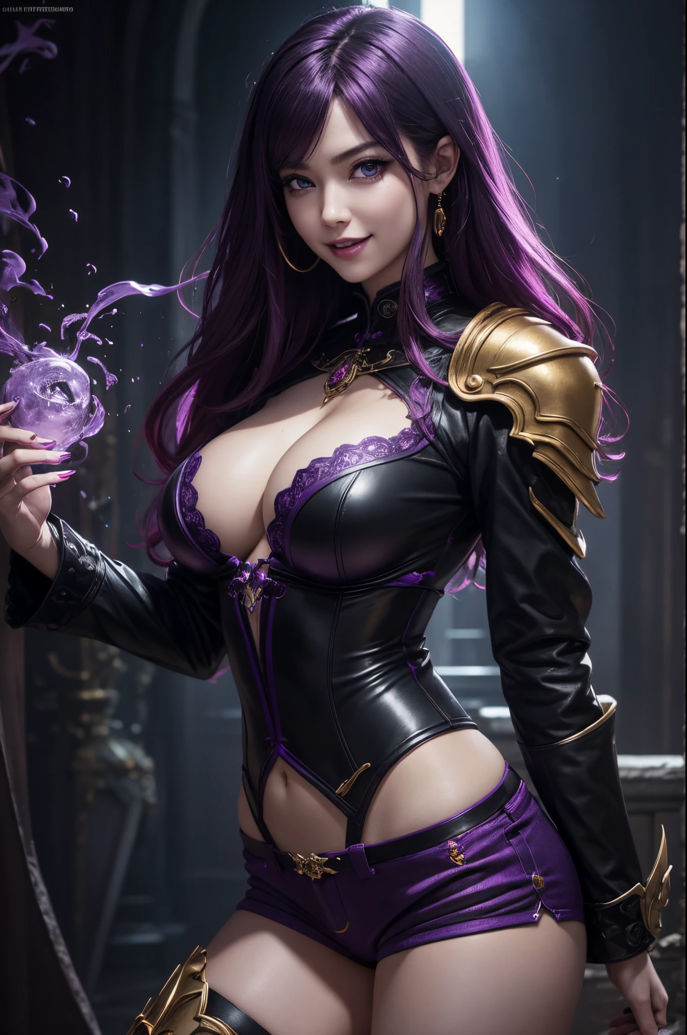 8K,beautiful and very big breasts(demon woman:1)portraitures:1.5)A picture of hell with a castle and a horde of demons(((​masterpiece)))、((top-quality))、bright red wavy hair,realisitic、Luxury jet black and purple Demon Slayer chest armor、gorgeous black and purple shorts,Golden decoration,slender muscular female body,A sexy,Purple eyes,ultra-detailliert、Crazy smile、landscapes、concept-art、exceptionally detailed RAW color photo、Side Angle、(lensflare:0.7)、Particle effect、Ray traching、cinematlic lighting、Shallow depth of field、photographed on a Sony Alpha 1、50mm wide angle lens、foco nítido、Cinematic Film Still、 dynamicposes、、(realisitic:1.3)、超A high resolution,big fangs in the mouth,long purple nails,enticing,Emphasizes cleavage,A gaze that seduces viewers,