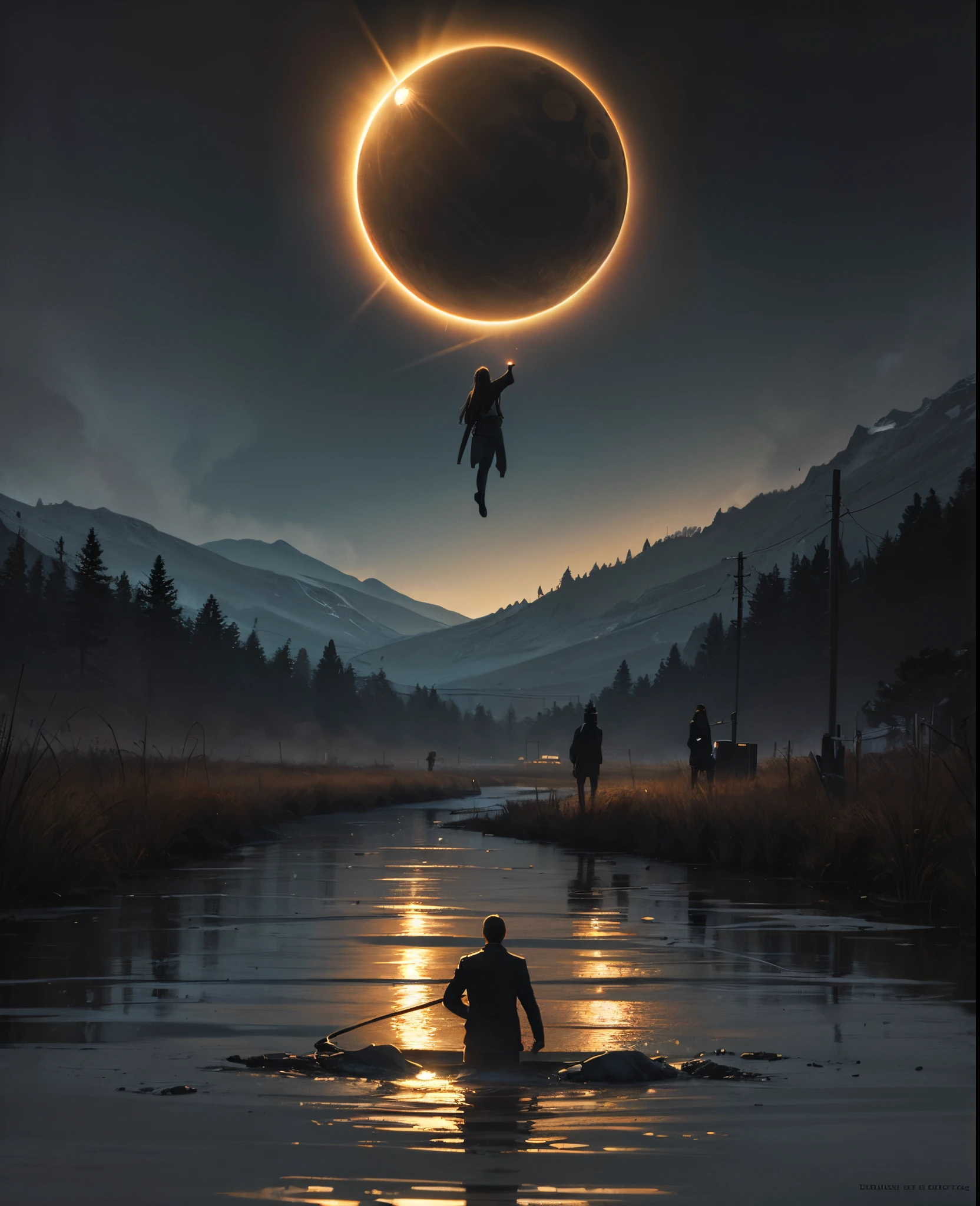 Imagen arafeada de un hombre parado en el agua con una mano gigante en el fondo., Arte oscuro surrealista, Sol negro, con soles negros en el cielo, dramatic artwork, Arte surrealista oscuro, eclipse, Eclipse eterno, Arte oscuro altamente detallado, enorme y gigantesco sol negro, album art, by Kristian Kreković, Sol oscuro, an ominous fantasy illustration