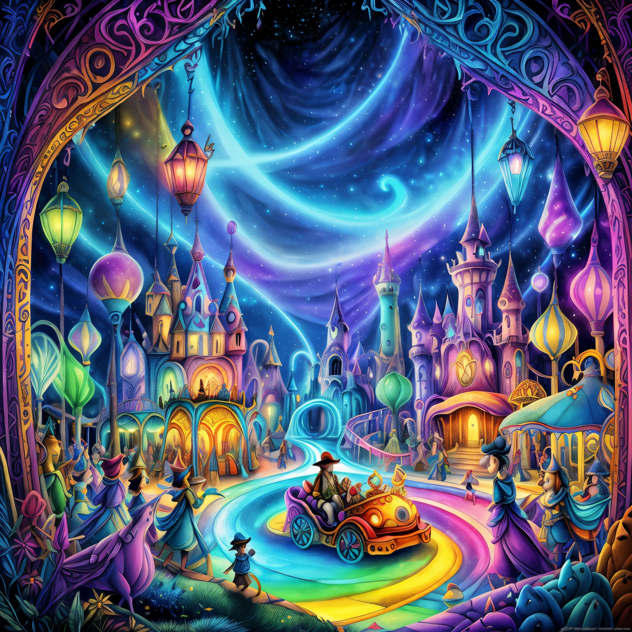 (Best quality at best, 8K, A high resolution, tmasterpiece:1.2), ultra - detailed, (actual, realistically:1.37), Vibrant colors, magical ambiance, Whimsical, ((disney pirate theme park, pirates of the caribbean，fountain and carousel, Lively Pirate Town Park, Beautiful fairy neon colors, Medieval Fantasy Town Theme Park, Magical neon colors and atmosphere, concept art magical highlight, magical concept art, Fantasy style, Magical fantasy，The content is very detailed, disney theme park, magical colors and atmosphere, An amusement park, roller coasters, pirate ships, bumper cars, Ferris wheel, waterpark)), Surreal, Psychedelic, Complicated details, Beautiful texture, Ethereal, like a dream, Soft glowing light, Charming Patterns, fantastical creature, Hidden surprises, dreamlike landscapes, Surreal color palette, Mystic aura, ultra-realistic realism, Enchanting journey, psychedelic trip, vivid imagination, immersive experience, mysterious creature, otherworldly charm, glowing paths, Light up the Magic Theme Park, surreal sky, Whimsical theme park, a magical encounter,Fascinating artwork