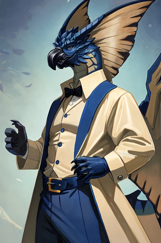 A Legiana as a German official posing for a portrait, white-blue uniform, white leather gloves, clawed fingers, 4 fingers, 1900s photograph, long coat, open coat, blue outlining, padded fingers, golden-blue belt,
