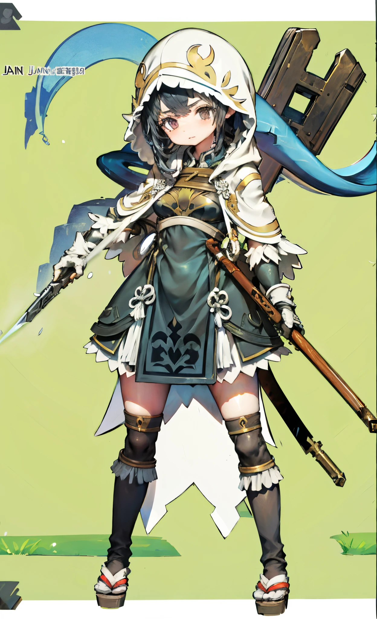 , japaense clothes, black hair, white hood, (hood:1.3) skirt armor, bare arms, short sleeeves, doll joints, puppet, sandals, many weapons, armor, short dress, gloves,cowboy shot, looking at viewer, grassfield, made off wood, doll, skirt armor, many weapons