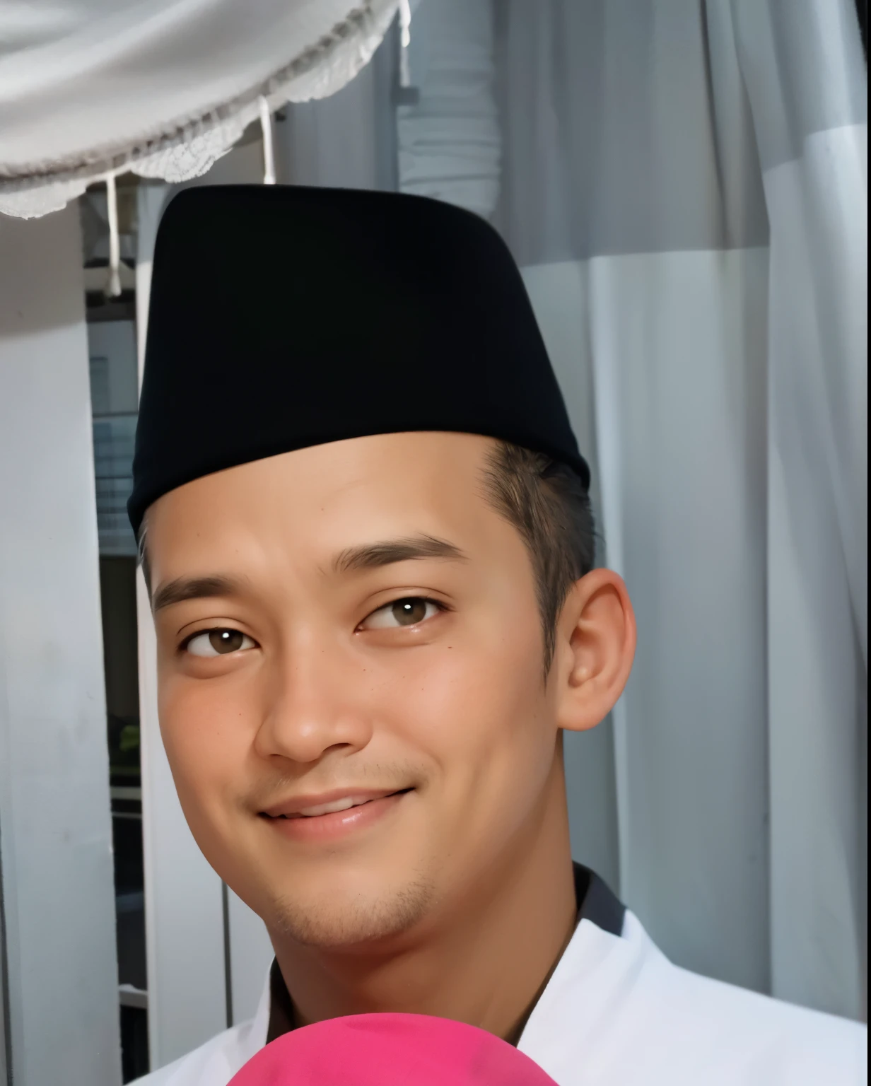 30 year old man, wearing a typical Indonesian head covering, smiling, Clean face