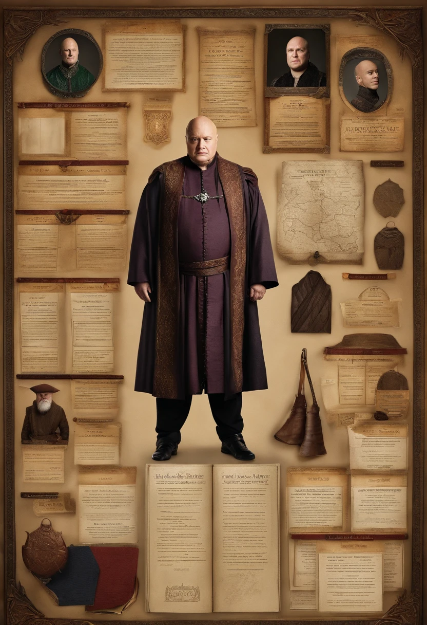A photo of a meticulously organized board with various pieces of information and documents spread out,HBO's Game of Thrones,Varys is a heavier set bald man, who wears fine embroidered robes, famously portrayed by Conleth Hill, male