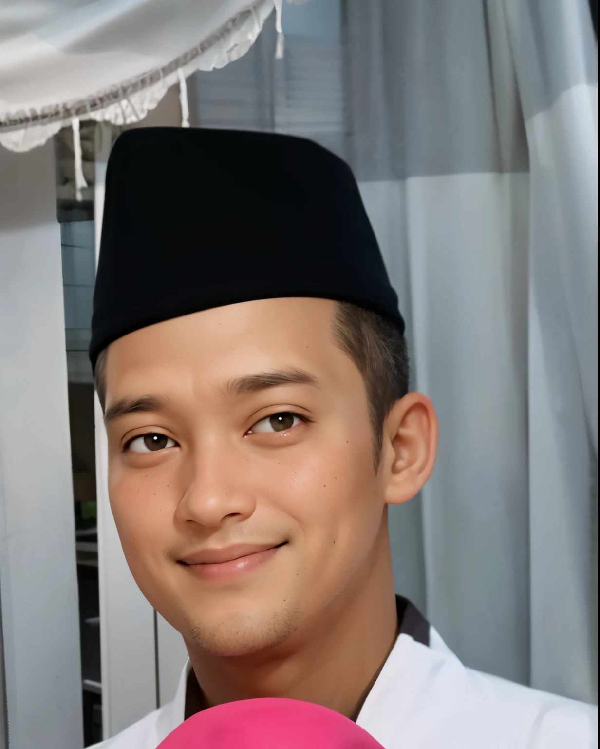 30 year old man, wearing a typical Indonesian head covering, smiling, Clean face
