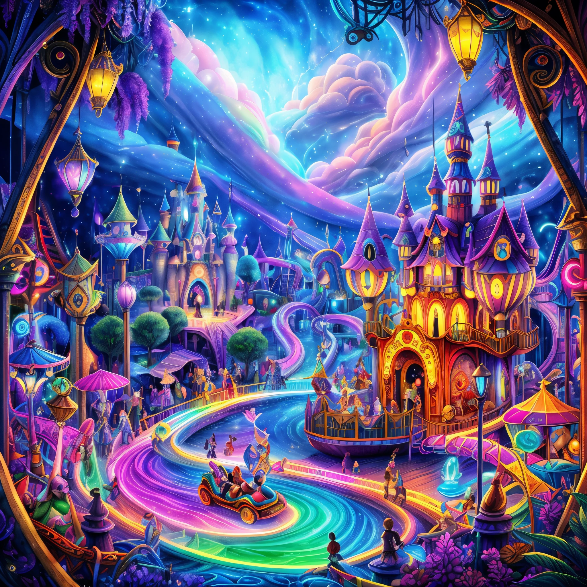 (Best quality, 8K, A high resolution, tmasterpiece:1.2), ultra - detailed, (actual, realistically:1.37), vivd colour, Magical atmosphere, Whimsical, ((disney pirate theme park, pirates of the caribbean，fountain and carousel, Lively Pirate Town Park, Beautiful fairy neon colors, Medieval Fantasy Town Theme Park, Magical neon colors and atmosphere, concept art magical highlight, magical concept art, Fantasy style, Magical fantasy，The content is very detailed, disney theme park, magical colors and atmosphere, An amusement park, roller coasters, pirate ships, bumper cars, he Ferris wheel, waterpark)), Surreal, Psychedelic, Complicated details, Beautiful texture, Ethereal, like a dream, Soft glowing light, Charming Patterns, Fantasy creatures, Hidden surprises, dreamlike landscapes, Surreal color palette, Mystic aura, ultra-realistic realism, Enchanting journey, psychedelic trip, vivid imagination, immersive experience, mysterious creature, otherworldly charm, glowing paths, Light up the Magic Theme Park, surreal sky, Whimsical theme park, a magical encounter,Fascinating artwork