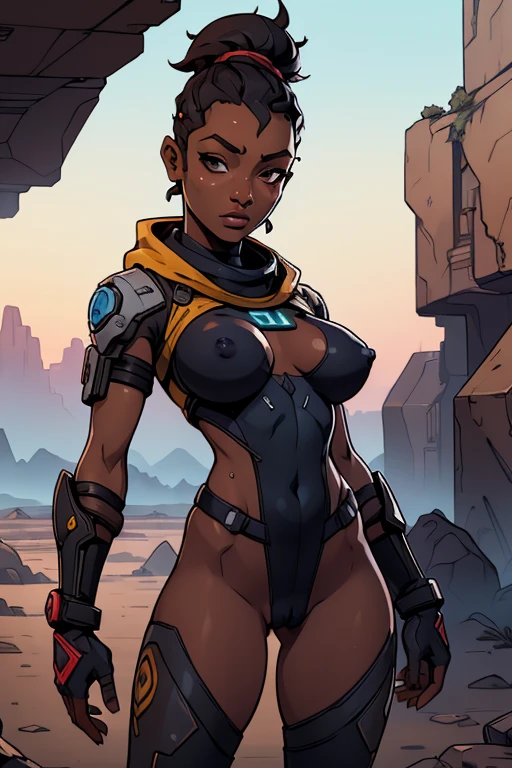 (((NSFW, sem roupas, pele escura))), (((NSFW, scientific fiction, pele escura, desenho de linha, aquarela))), with first person view high definition character art, personagem negra do jogo Borderlands, cabelo preto preso, First-person view, pronta para enfrentar seus inimigos, behind her a futuristic desert, personagem do jogo Borderlands. Esta imagem de alta qualidade, renderizada em 8K Ultra HD, mostra detalhes intrincados da cena. obra-prima aprimorada digitalmente ou pintada com requinte, scientific fiction, postura ativa, estilo de quadrinhos, post-apocalyptic fashion