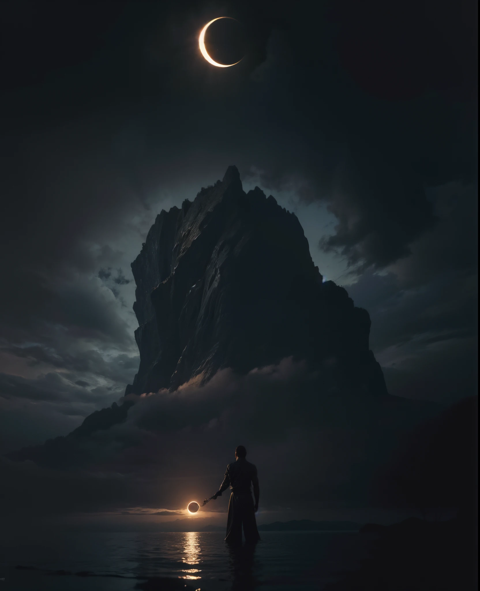 Imagen arafeada de un hombre parado en el agua con una mano gigante en el fondo., Arte oscuro surrealista, Sol negro, con soles negros en el cielo, dramatic artwork, Arte surrealista oscuro, eclipse, Eclipse eterno, Arte oscuro altamente detallado, enorme y gigantesco sol negro, album art, by Kristian Kreković, Sol oscuro, an ominous fantasy illustration