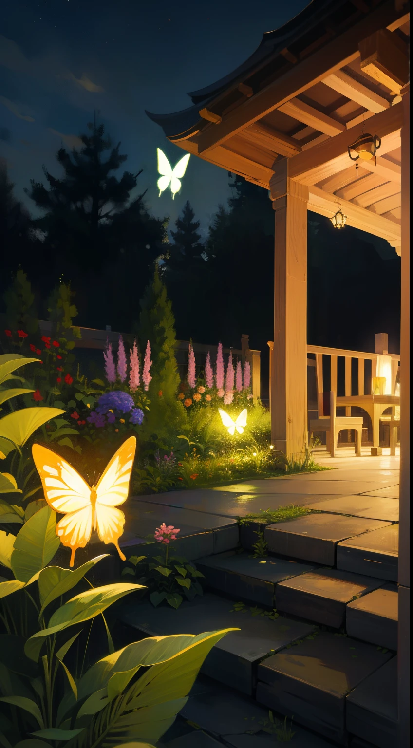 (masterpiece), best quality, ultra high res, sharp focus, natural shadow night, eye catching scenery, beautiful glowing butterflies at night, in the garden full of garden