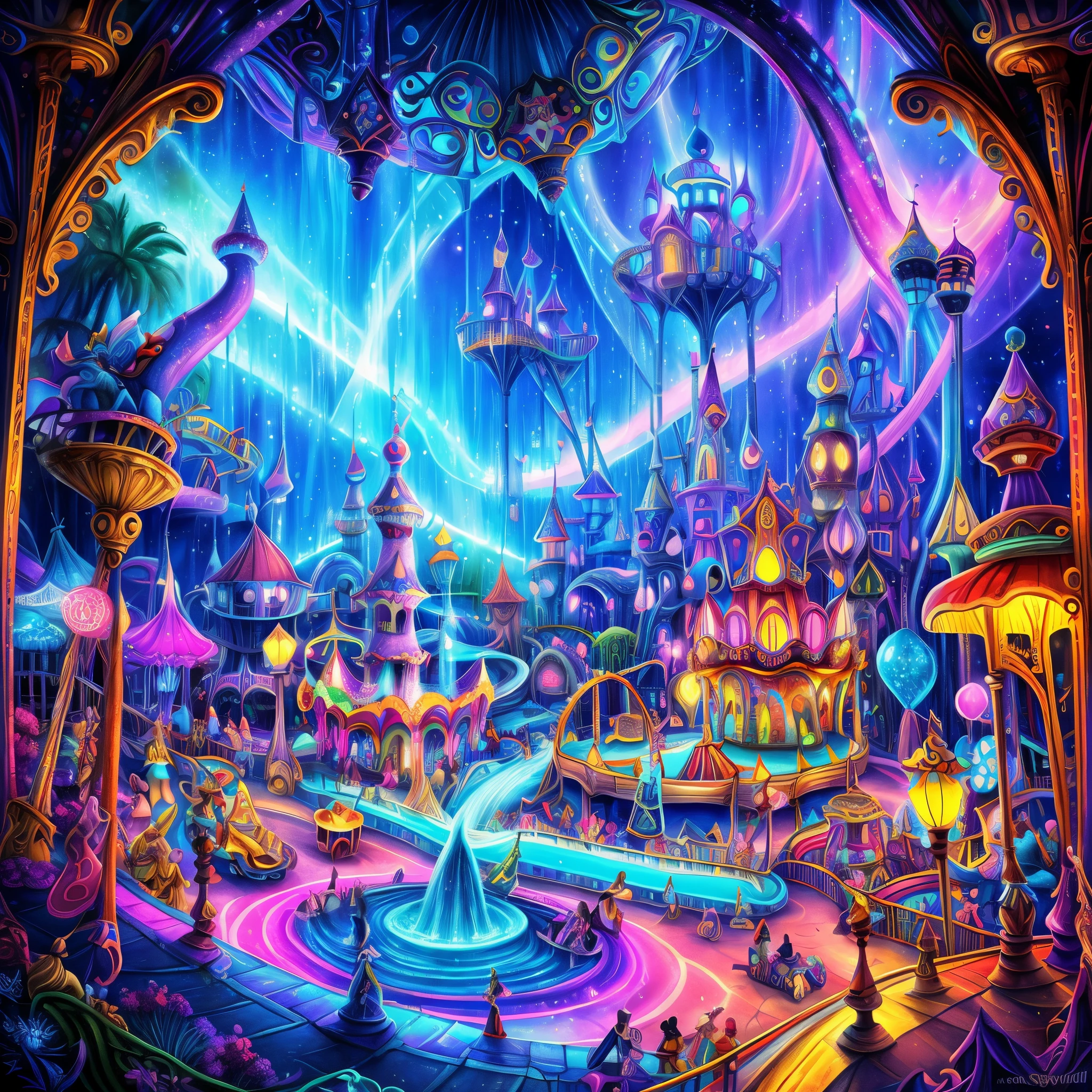 (Best quality, 8K, A high resolution, tmasterpiece:1.2), ultra - detailed, (actual, realistically:1.37), vivd colour, Magical atmosphere, Whimsical, ((disney pirate theme park, pirates of the caribbean，fountain and carousel, Lively Pirate Town Park, Beautiful fairy neon colors, Medieval Fantasy Town Theme Park, Magical neon colors and atmosphere, concept art magical highlight, magical concept art, Fantasy style, Magical fantasy，The content is very detailed, disney theme park, magical colors and atmosphere, An amusement park, roller coasters, pirate ships, bumper cars, he Ferris wheel, waterpark)), Surreal, Psychedelic, Complicated details, Beautiful texture, Ethereal, like a dream, Soft glowing light, Charming Patterns, Fantasy creatures, Hidden surprises, dreamlike landscapes, Surreal color palette, Mystic aura, ultra-realistic realism, Enchanting journey, psychedelic trip, vivid imagination, immersive experience, mysterious creature, otherworldly charm, glowing paths, Light up the Magic Theme Park, surreal sky, Whimsical theme park, a magical encounter,Fascinating artwork