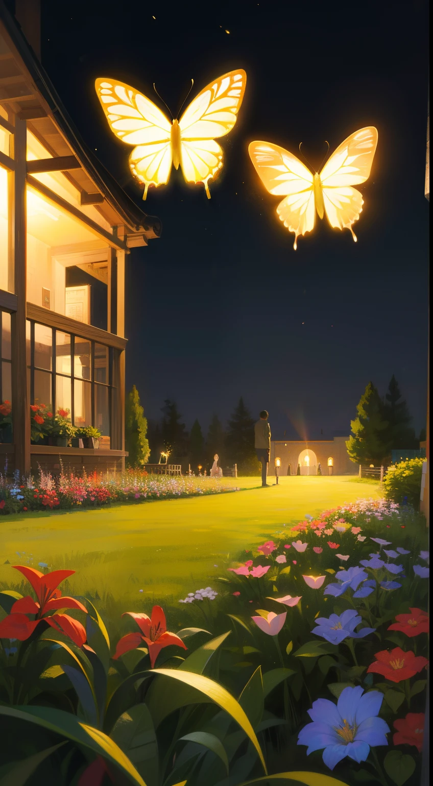 (masterpiece), best quality, ultra high res, sharp focus, natural shadow night, eye catching scenery, beautiful glowing butterflies at night, in the garden full of garden