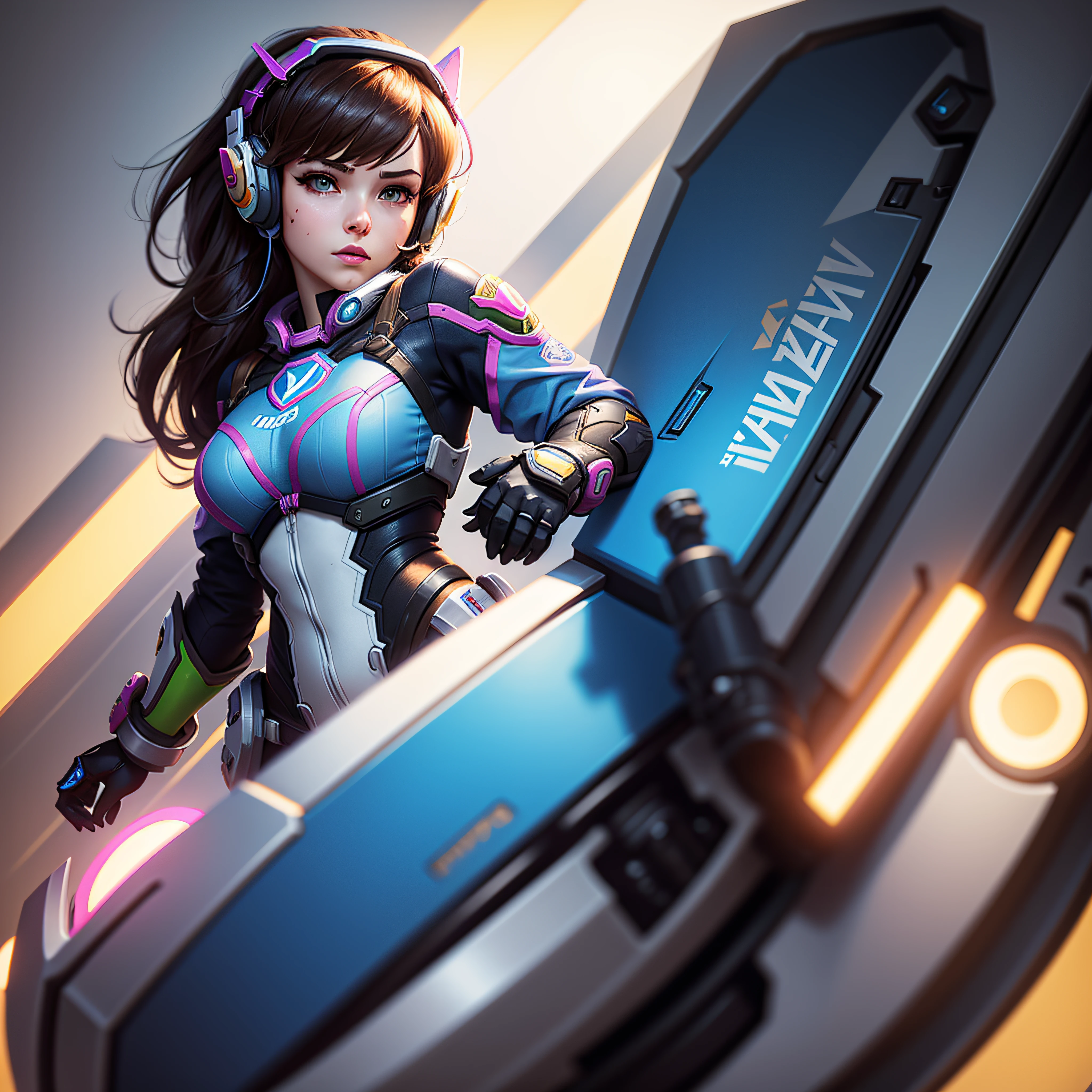 Masterpiece, Best Quality, High Resolution, 1girl, Super High Resolution, Solo, Mech Pilot, D.VA, Headphones, Pink Eyes, Blue Tights, Brown Hair, White Gloves, Cat Face Adornament,