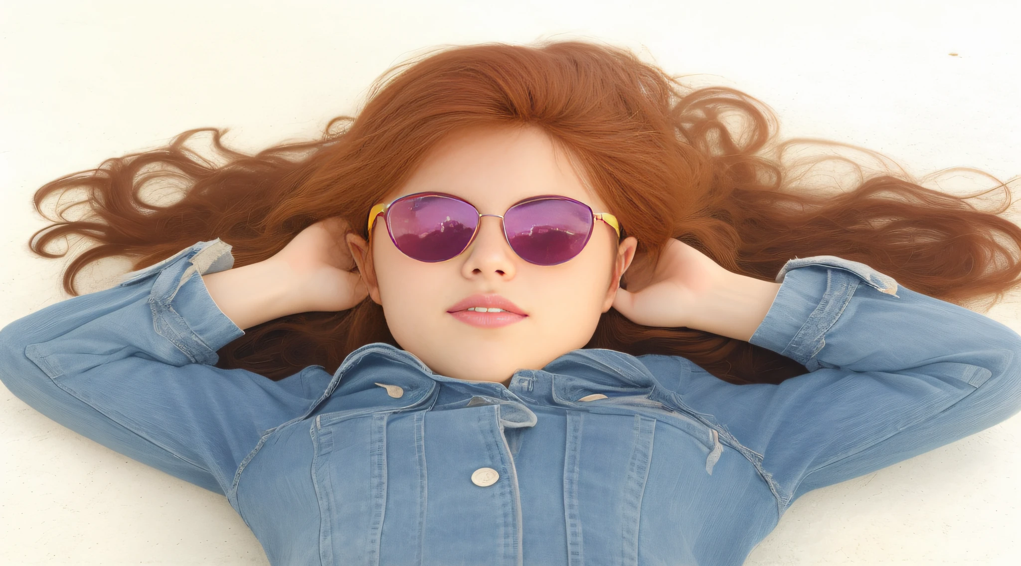 bloated girl with sunglasses, lying on the floor with hands behind head, with sunglasses, with sun glasses, wearing cool sunglasses, wearing mirrored sunglasses, with mirrorshades sunglasses, sunglasses on, Redhead Girl, wearing sunglasses, implanted sunglasses, ruiva jovem bonito, in sunglasses, meninabelos vermelhos, girl with glasses, next gen, wearing orange sunglasses