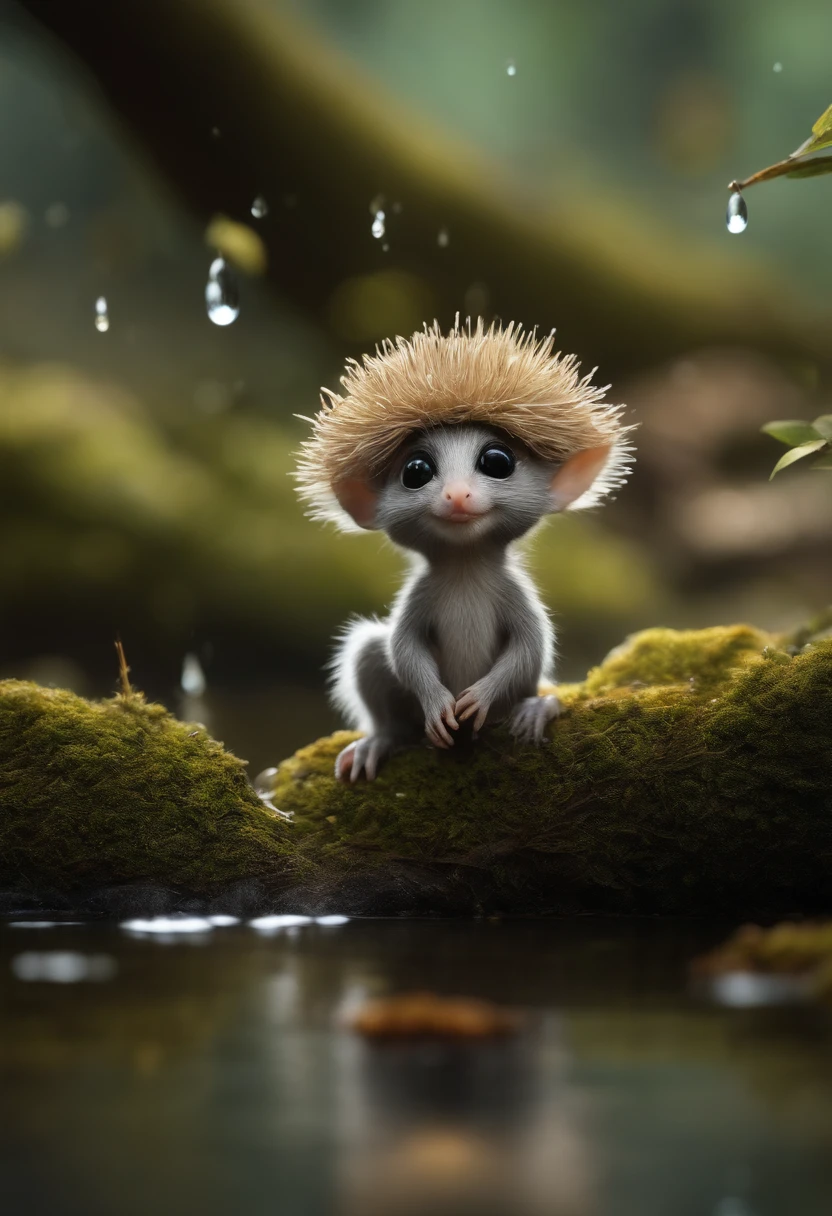 真实感, Realism, Cute alien creatures, look like hobbits，Tiny creatures, Furry, silver wool, big eyes, large ears, acorn hat on head, stands under the crown of an oak tree by the water, touches water with fingers,  acorns lie nearby, Raindrops, Sverchkov,