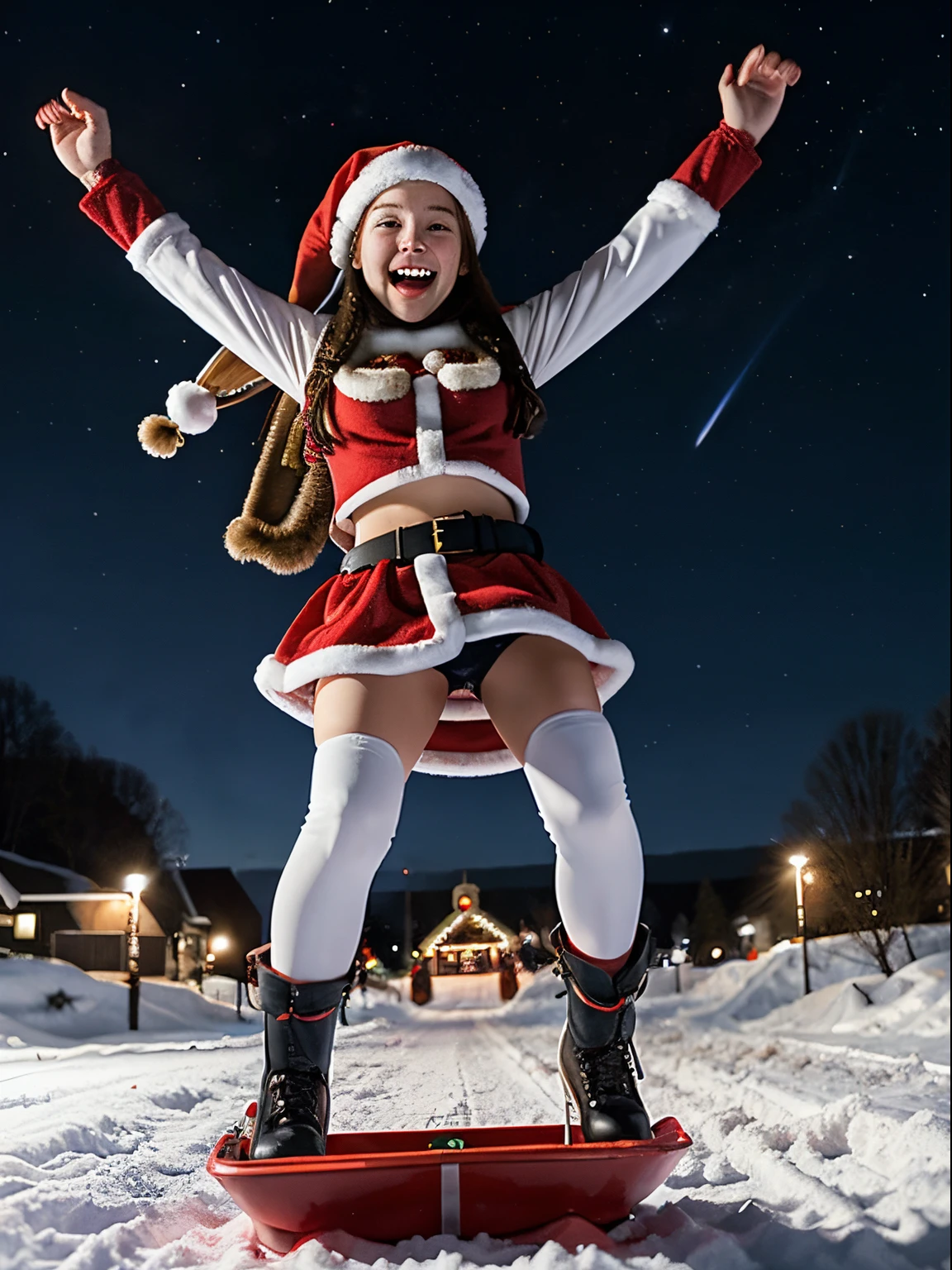 girl santa claus,　flying sled, night sky