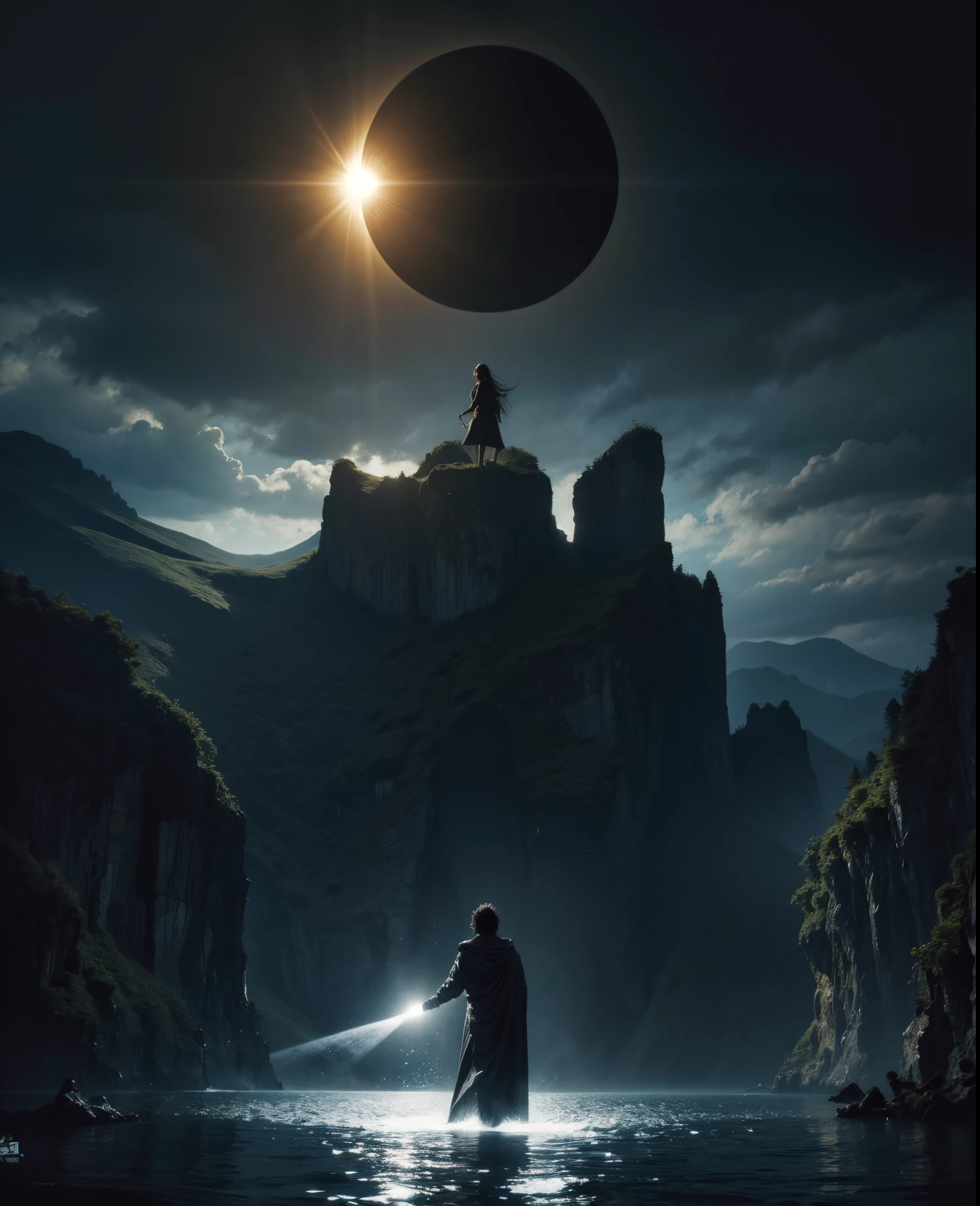 Imagen arafeada de un hombre parado en el agua con una mano gigante en el fondo., Arte oscuro surrealista, Sol negro, con soles negros en el cielo, dramatic artwork, Arte surrealista oscuro, eclipse, Eclipse eterno, Arte oscuro altamente detallado, enorme y gigantesco sol negro, album art, by Kristian Kreković, Sol oscuro, an ominous fantasy illustration