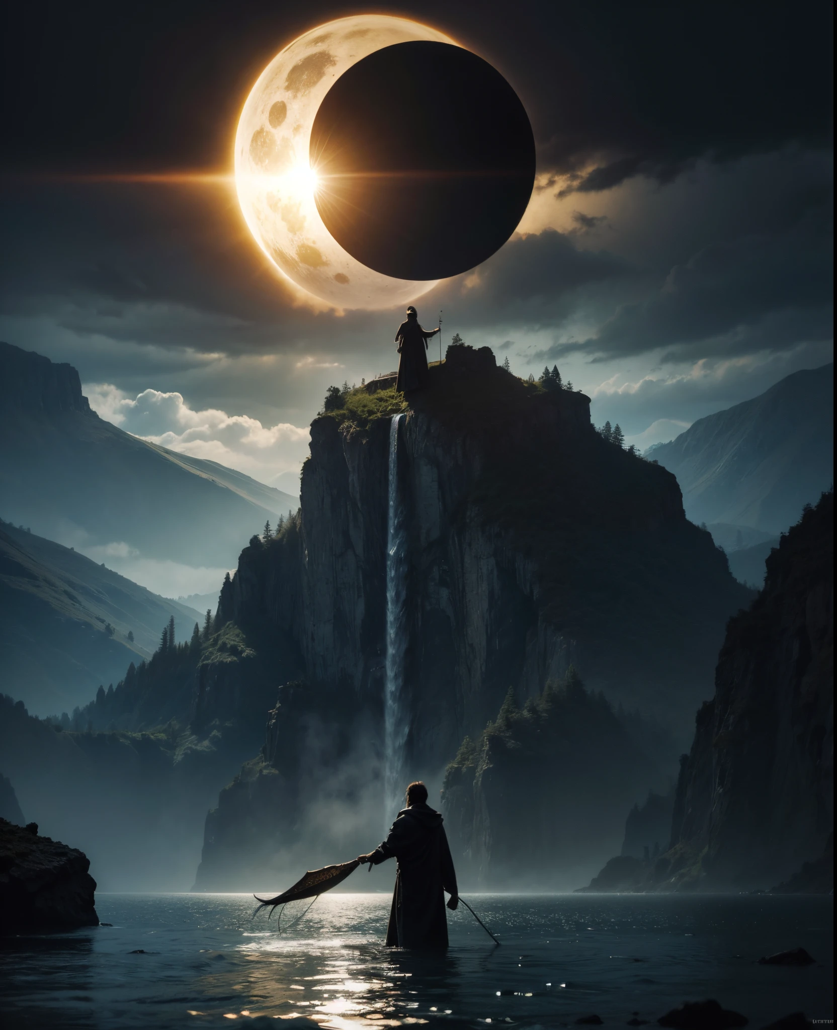 Imagen arafeada de un hombre parado en el agua con una mano gigante en el fondo., Arte oscuro surrealista, Sol negro, con soles negros en el cielo, dramatic artwork, Arte surrealista oscuro, eclipse, Eclipse eterno, Arte oscuro altamente detallado, enorme y gigantesco sol negro, album art, by Kristian Kreković, Sol oscuro, an ominous fantasy illustration