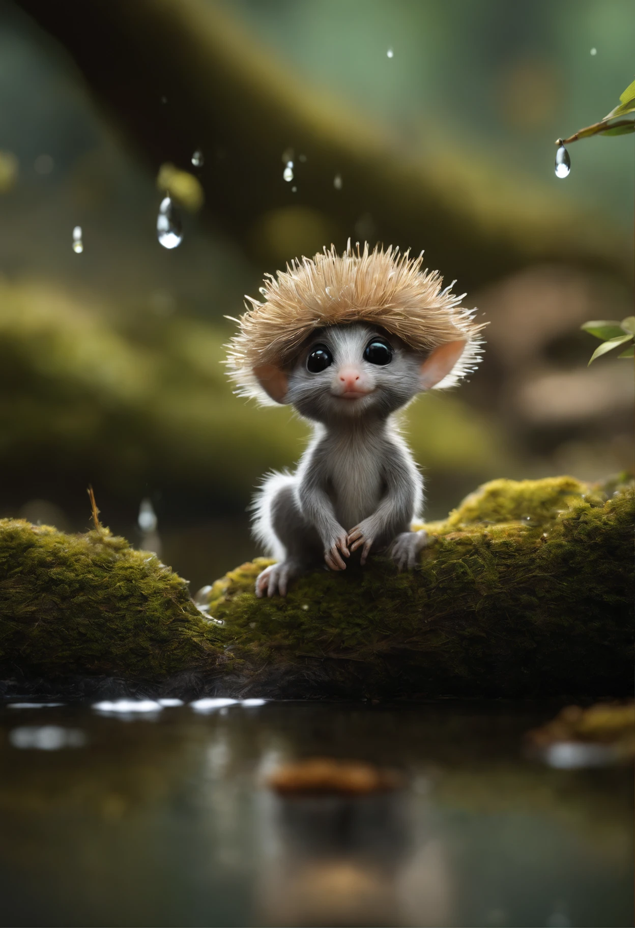 真实感, Realism, Cute alien creatures, look like hobbits，Tiny creatures, Furry, silver wool, big eyes, large ears, acorn hat on head, stands under the crown of an oak tree by the water, touches water with fingers,  acorns lie nearby, Raindrops, Sverchkov,