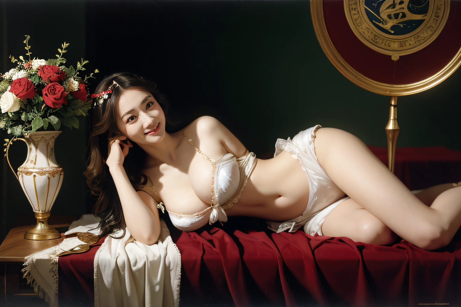 Geometry,stain glass,12 zodiac signs,Vigée Leblanc style,Math、Astronomical utensils,astronault,Roses in a vase,fruits,cute little,A smile,Ancient Greek costumes,Paintings by Sandro Botticelli,Costume with stretched shoulders,huge smile,large full breasts,Ecstasy expression,A sexy,Beautiful bare skin ,Smile with joy,Chiaroscuro of Caravaggio,Cute smile, Expression of ecstasy