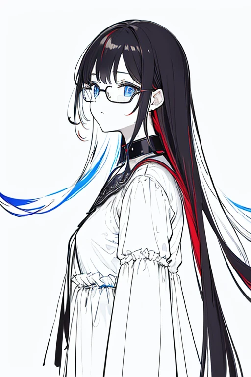 8k wallpaper, tmasterpiece, 电影灯光, Best quality at best, illustratio, dramatic angles, ((colours: 1.1)), ((Undercoat color: 1.4)), 1 person， Alone, long whitr hair, Eau, eBlue eyes, Black glasses, Collar, Open your lips, White collar, liquid hair, brunette color hair, By bangs, From the side Side, side, The upper part of the body, simple backgound, greybackground, sportrait, looking at viewert, White dress, hair between eye, white backgrounid, 耳Nipple Ring,