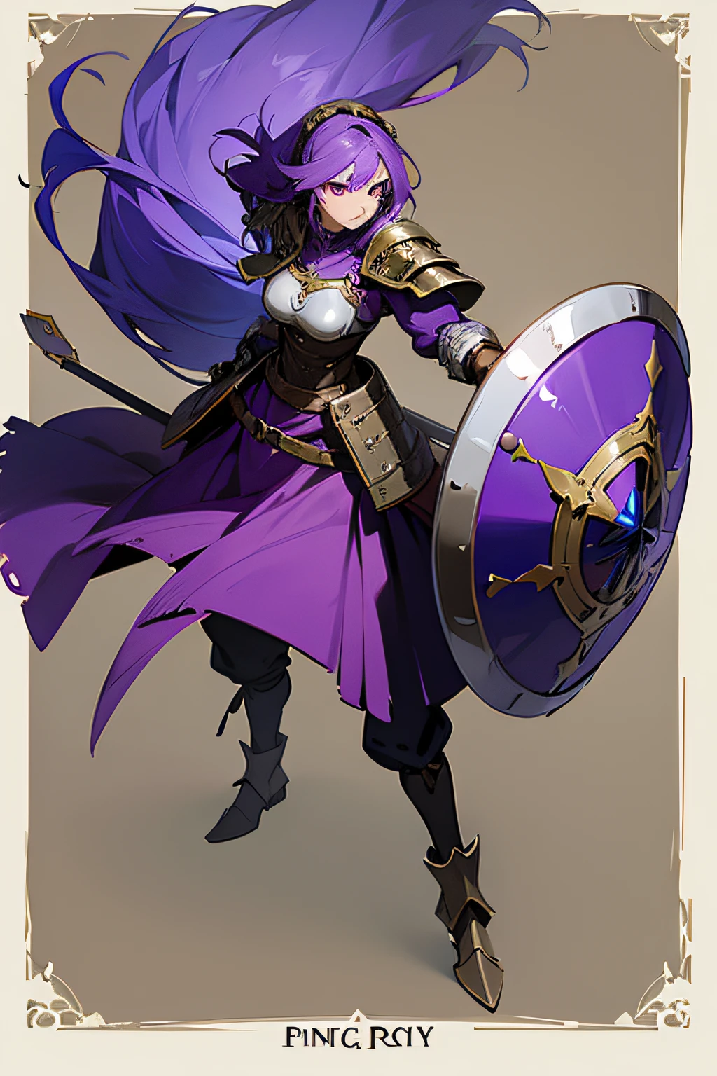 joli personnage de RPG, Art du jeu 2D, guerrière aux dark violets and aux yeux violets, armor and bouclier médiévaux, Concept Art de personnage